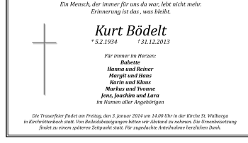 Traueranzeige von Kurt Bödelt von Pegnitz-Zeitung
